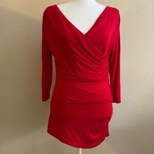 LK Bennet London sz M Red Solid Stretch Knit Blouse Tunic V Neckline